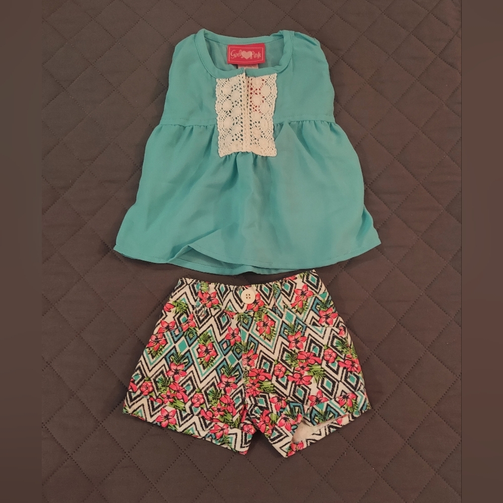 Turquoise Top with Lace and Patterned Shorts